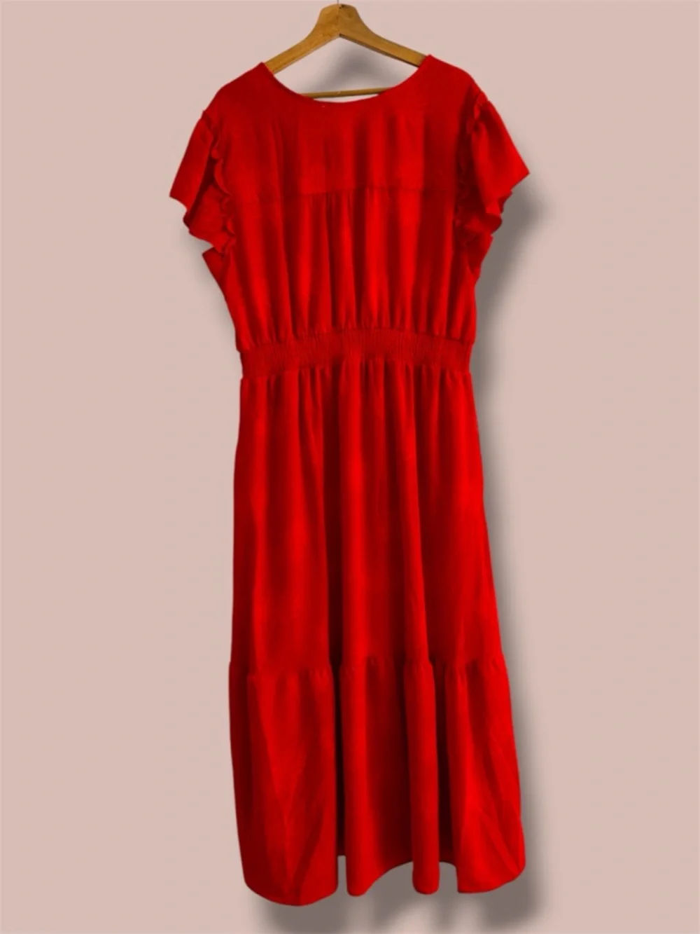 C BY ONE Plus Size 1X Red Orange Maxi Dress RUFFLE SLEEVE SMOCKED WAIST POCKETS - Picture 5 of 9